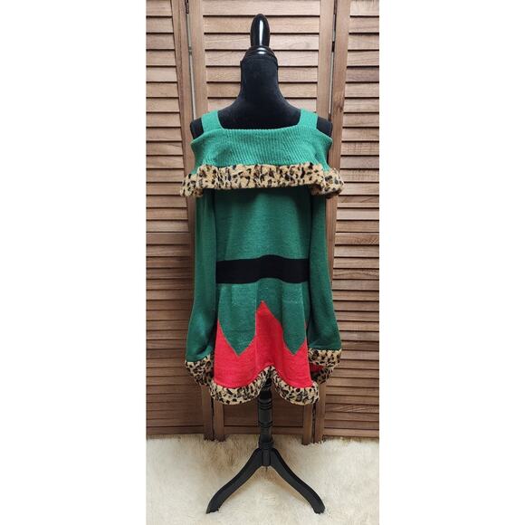 Mrs. Claus Christmas New Sweater Dress XL 16/18 Leopard Print Knit Cold Shoulder - Picture 7 of 8